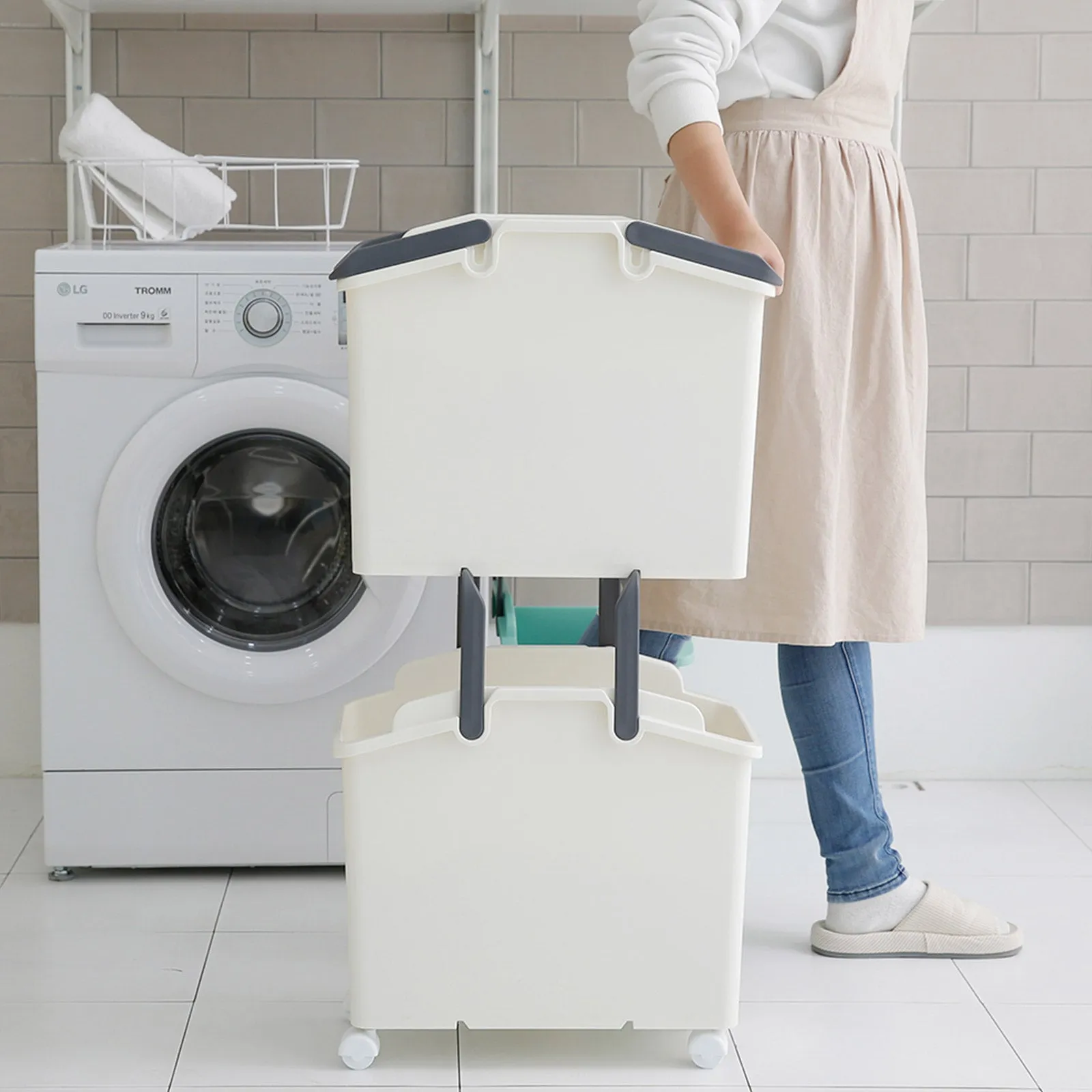 2 Set Stackable Portable Laundry Basket 19.5x41x37cm Ivory