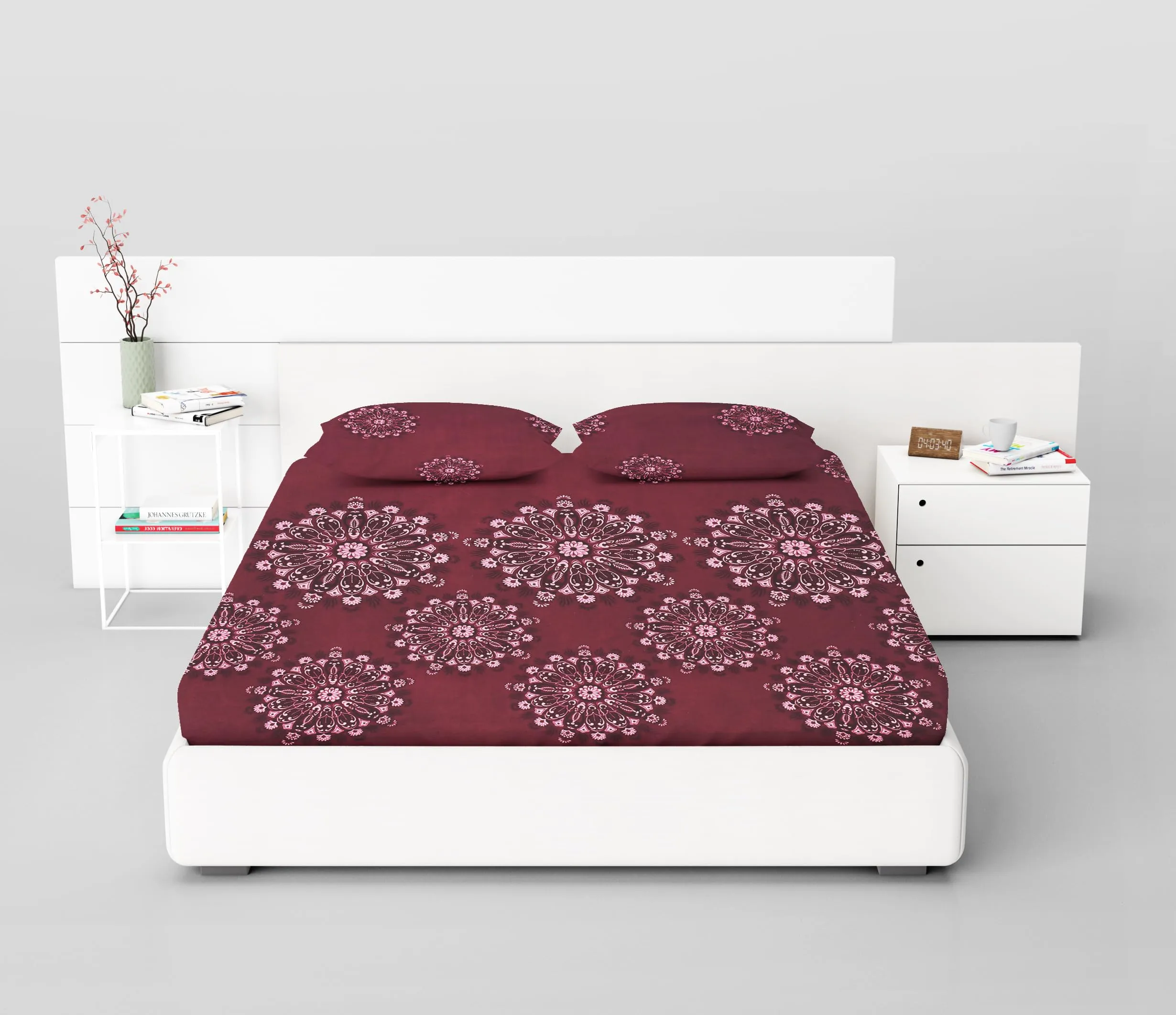 AAA FLIPSTAR Cotton Feel Glace Cotton Elastic Fitted Printed King Size Double Bed Bedsheet with 2 Pillow Cover(72" x78) (red Rangoli)