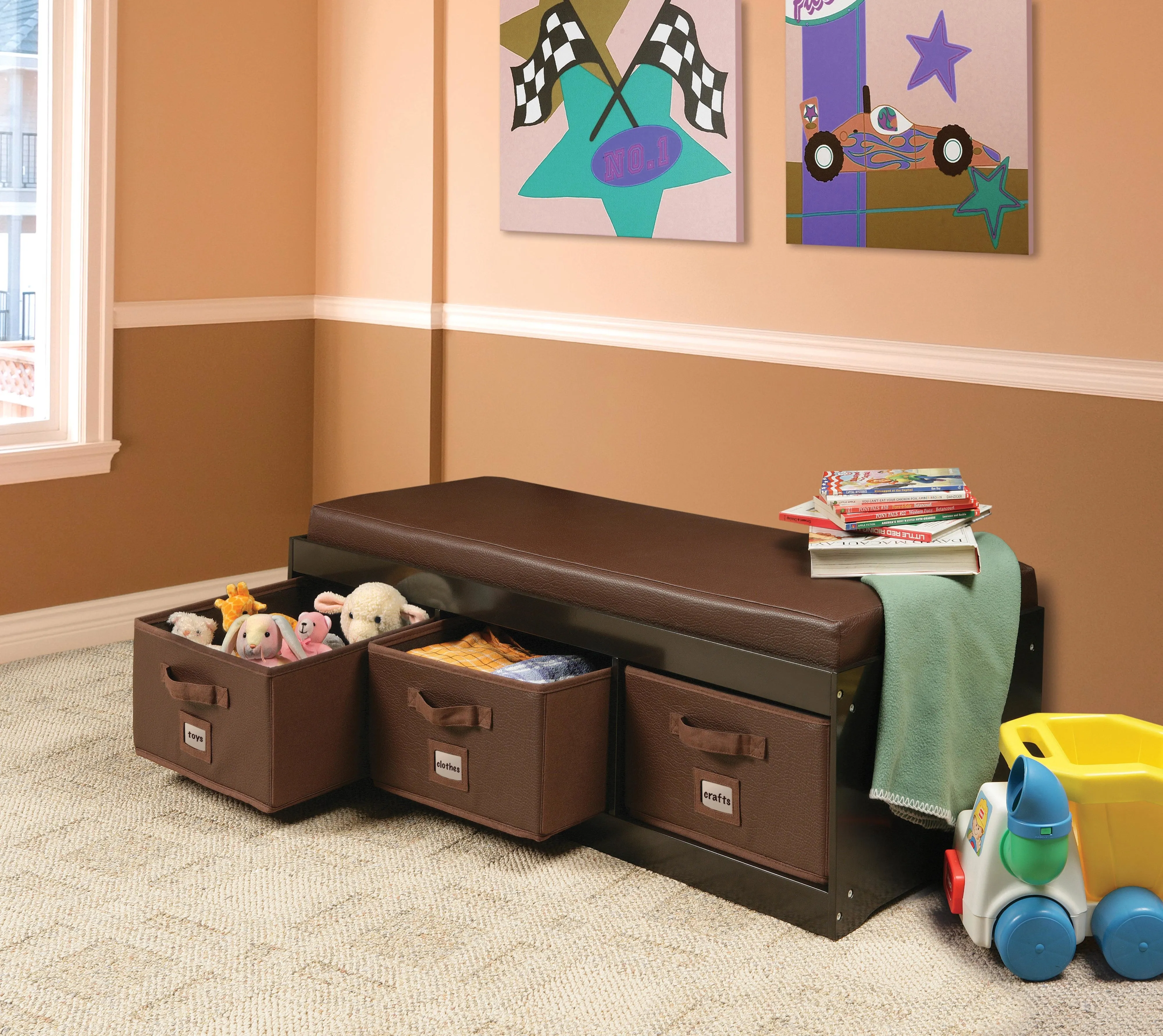 Badger Basket Kid's Storage Bench with Cushion and Three Bins