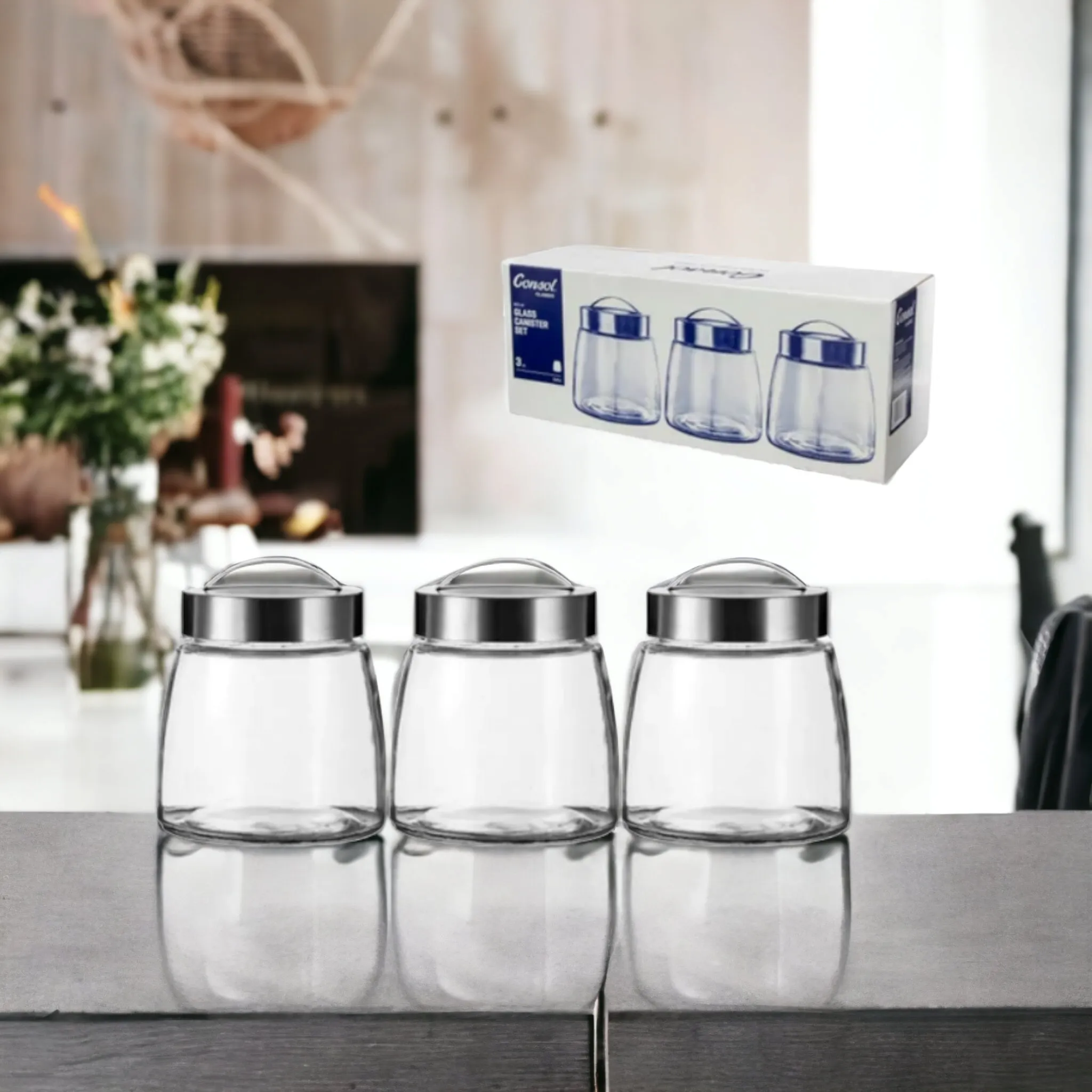 Consol Soho Glass Canister 800ml with Stainless Steel Lid 3pc Set 17136