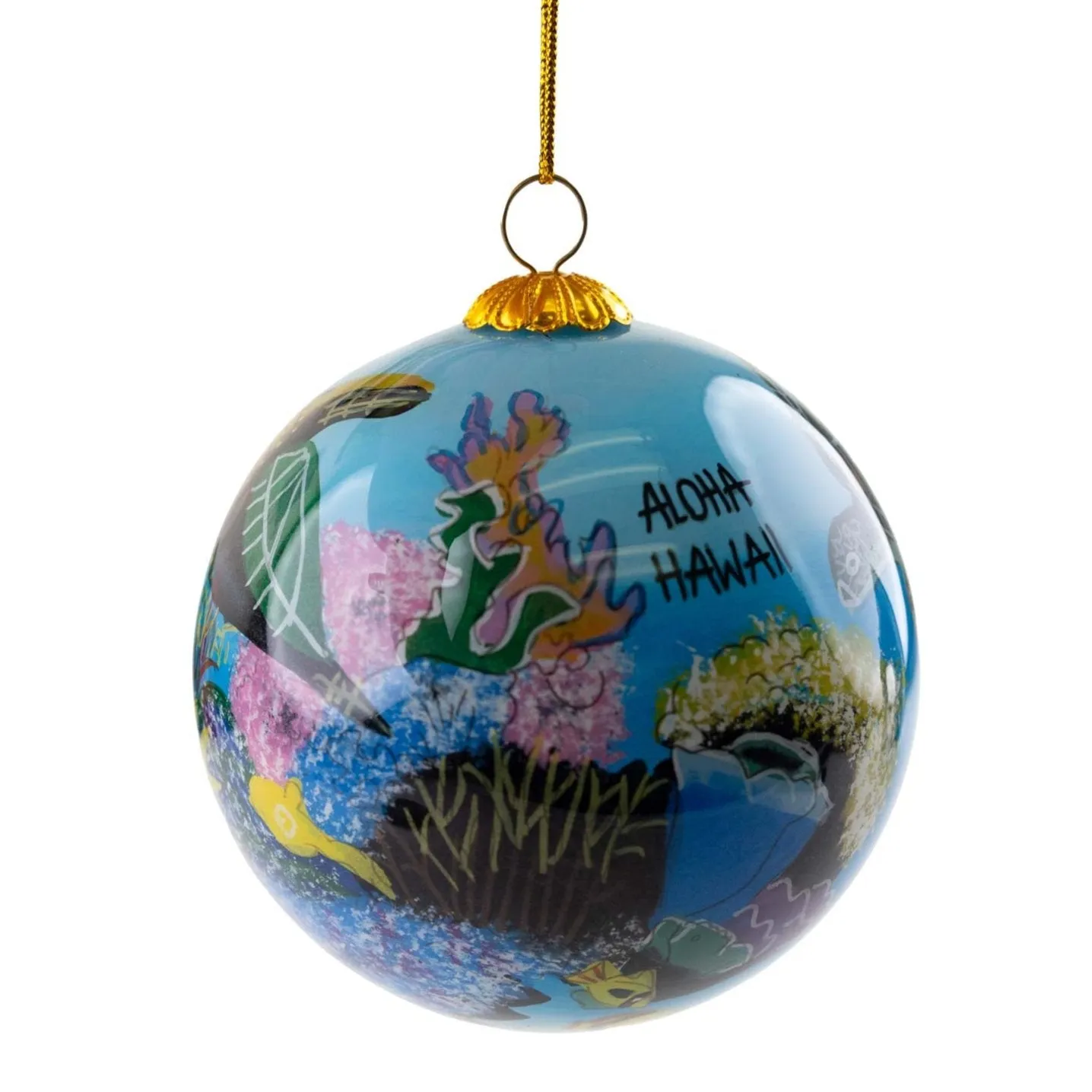 “Coral World” Hand-Painted Hawaiian Sea Turtle Glass Ornament