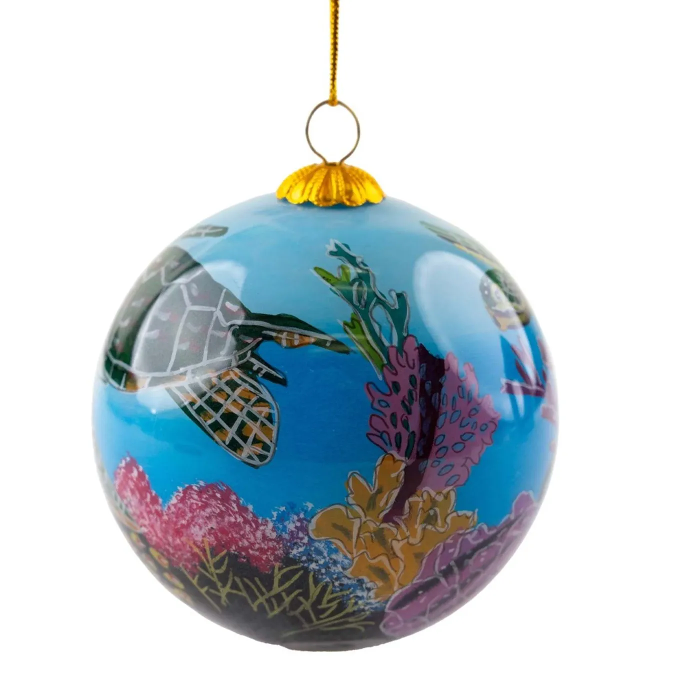 “Coral World” Hand-Painted Hawaiian Sea Turtle Glass Ornament