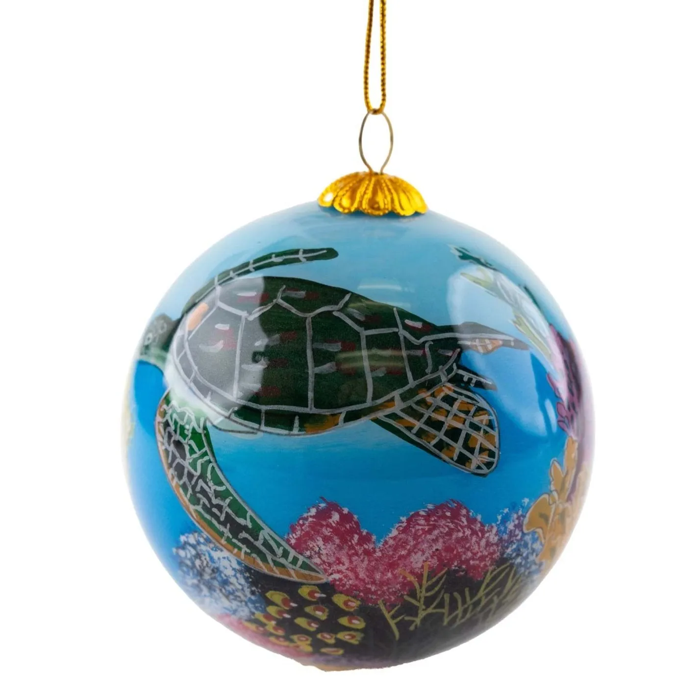 “Coral World” Hand-Painted Hawaiian Sea Turtle Glass Ornament