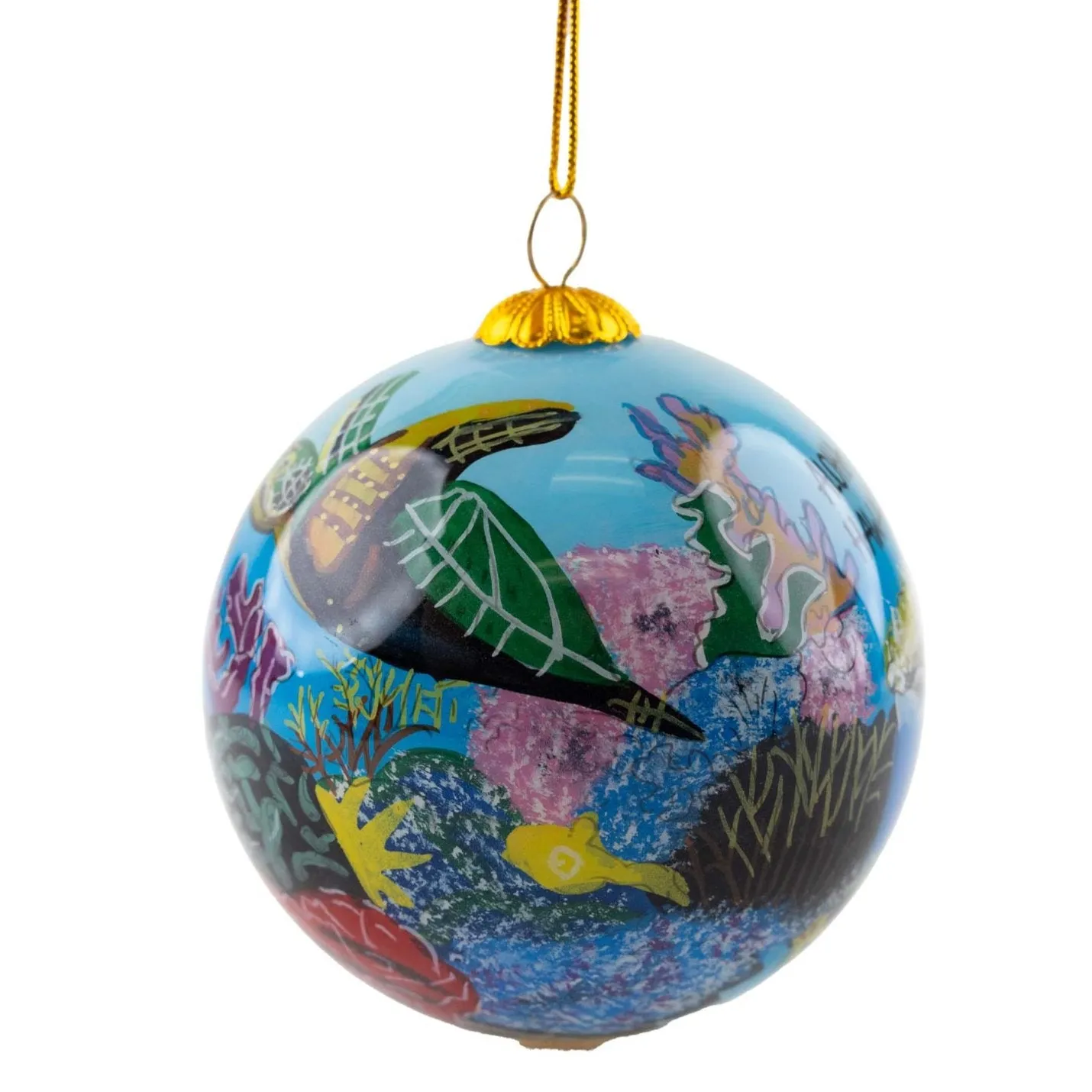 “Coral World” Hand-Painted Hawaiian Sea Turtle Glass Ornament