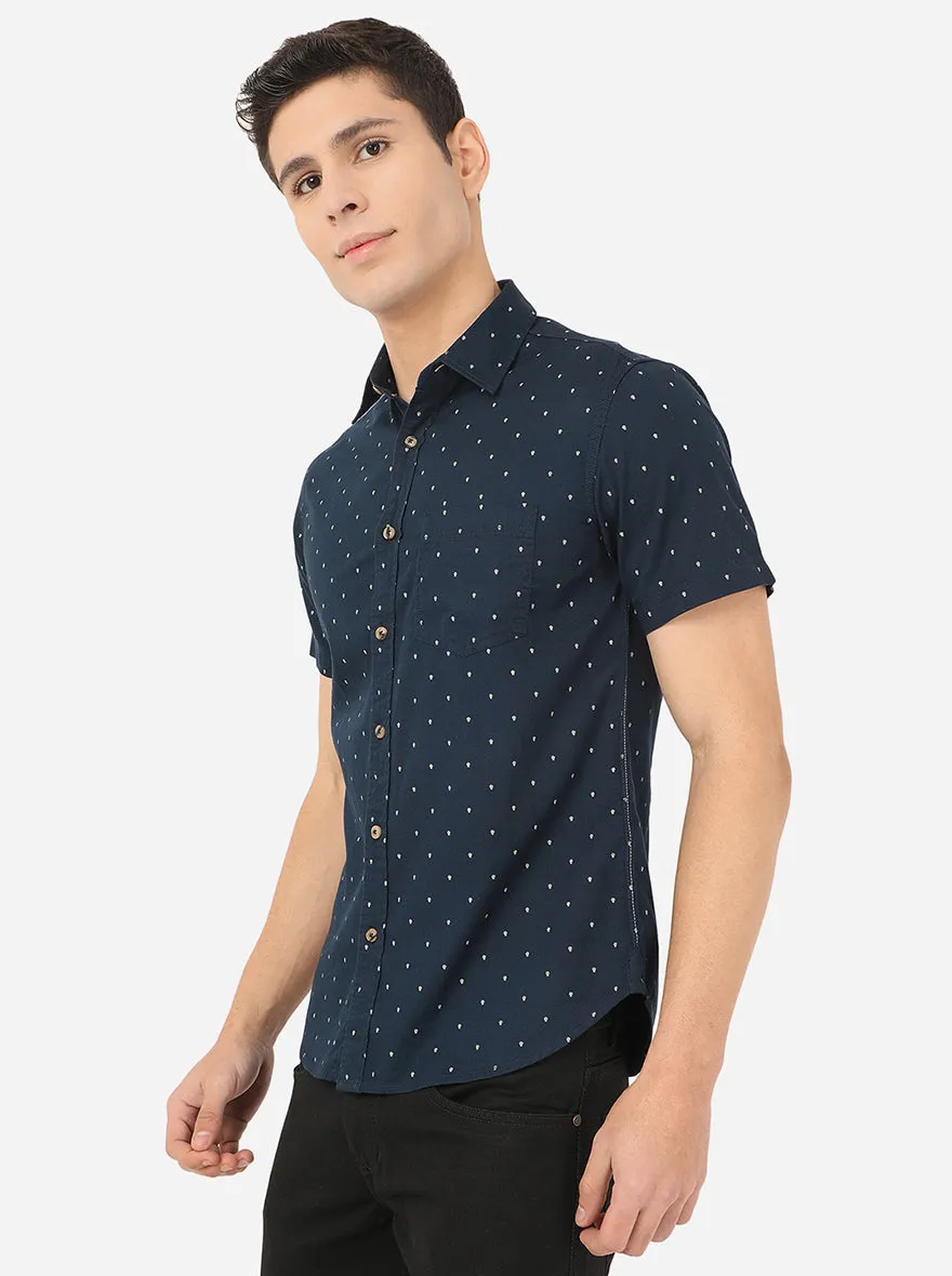 Dress Blue Printed Slim Fit Semi Casual Shirt | Greenfibre