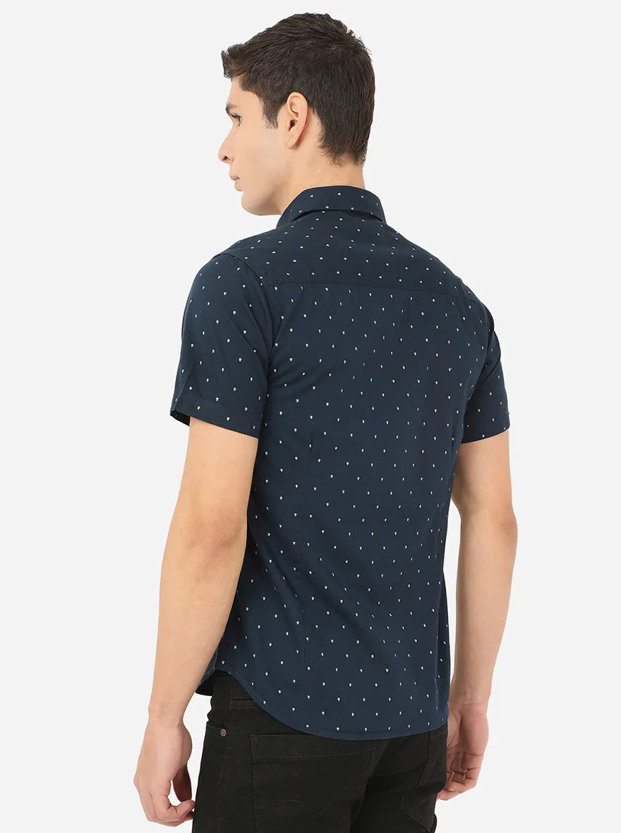 Dress Blue Printed Slim Fit Semi Casual Shirt | Greenfibre