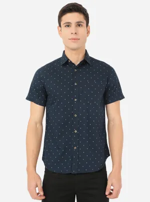 Dress Blue Printed Slim Fit Semi Casual Shirt | Greenfibre