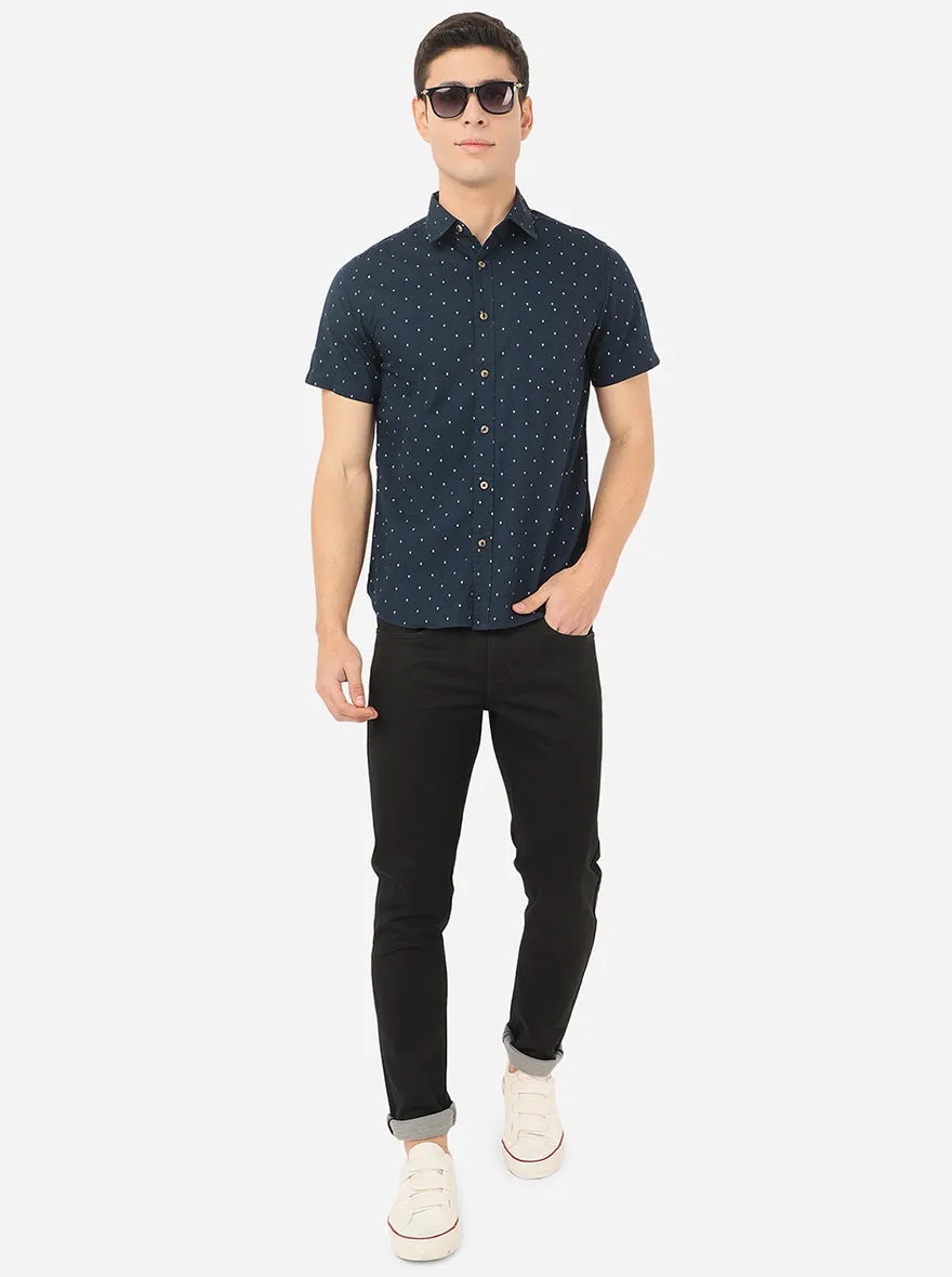 Dress Blue Printed Slim Fit Semi Casual Shirt | Greenfibre