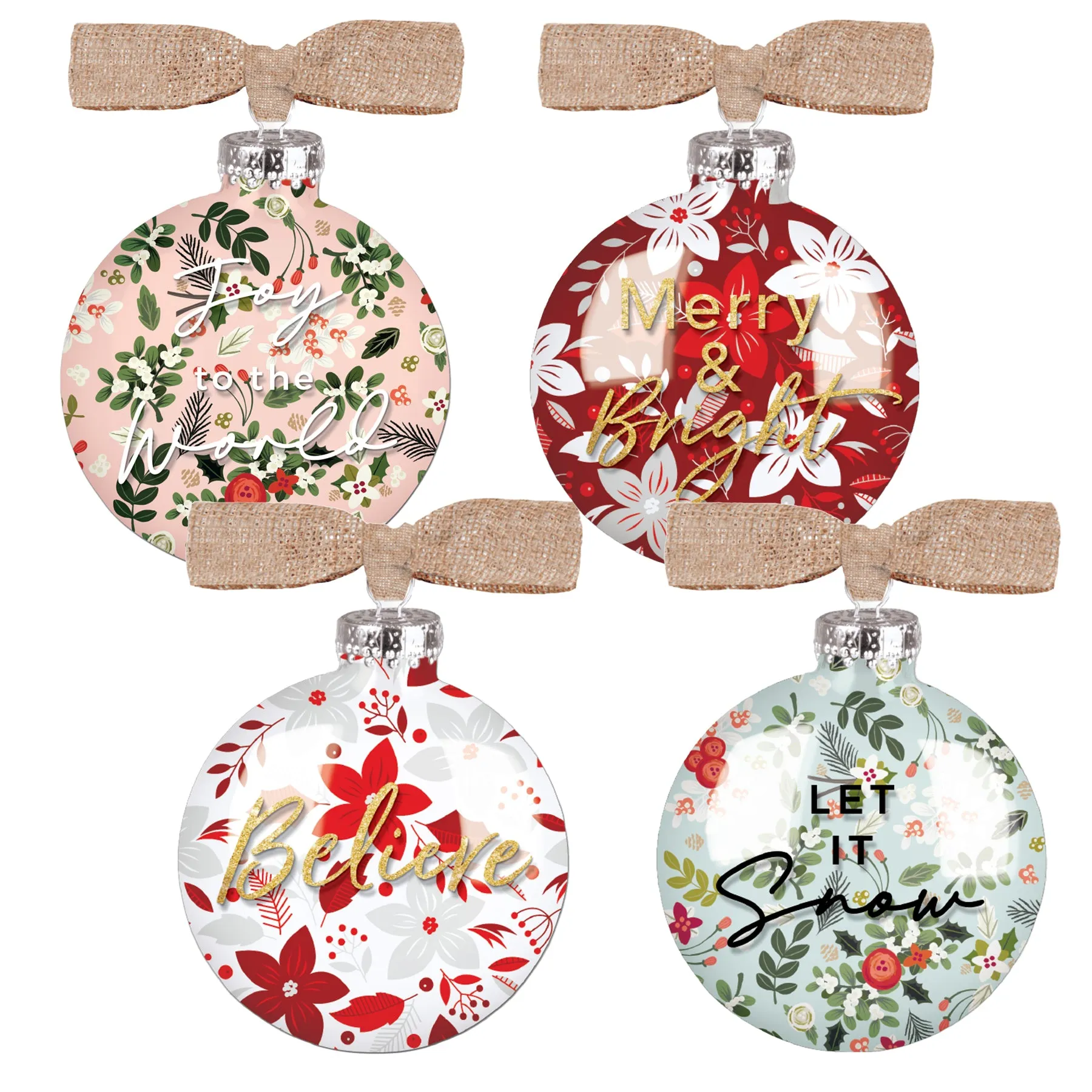 Elanze Designs Holiday Floral 4 inch Glass Round Disc Christmas Ornament Boxed Set of 4