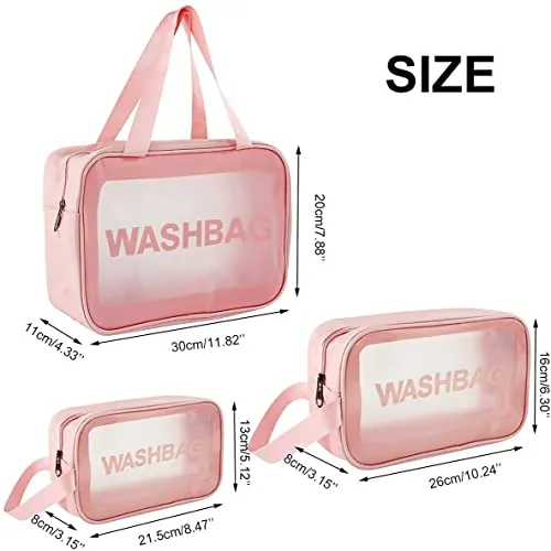 FLYNGO Clear Makeup Pouch Set, Cosmetic Organizer Bag for Women and Girls Travel Waterproof Toiletry Storage Kit (Set of 3 Light Pink)