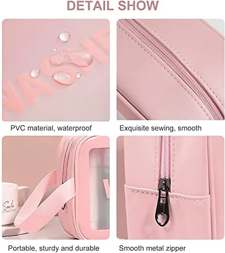 FLYNGO Clear Makeup Pouch Set, Cosmetic Organizer Bag for Women and Girls Travel Waterproof Toiletry Storage Kit (Set of 3 Light Pink)