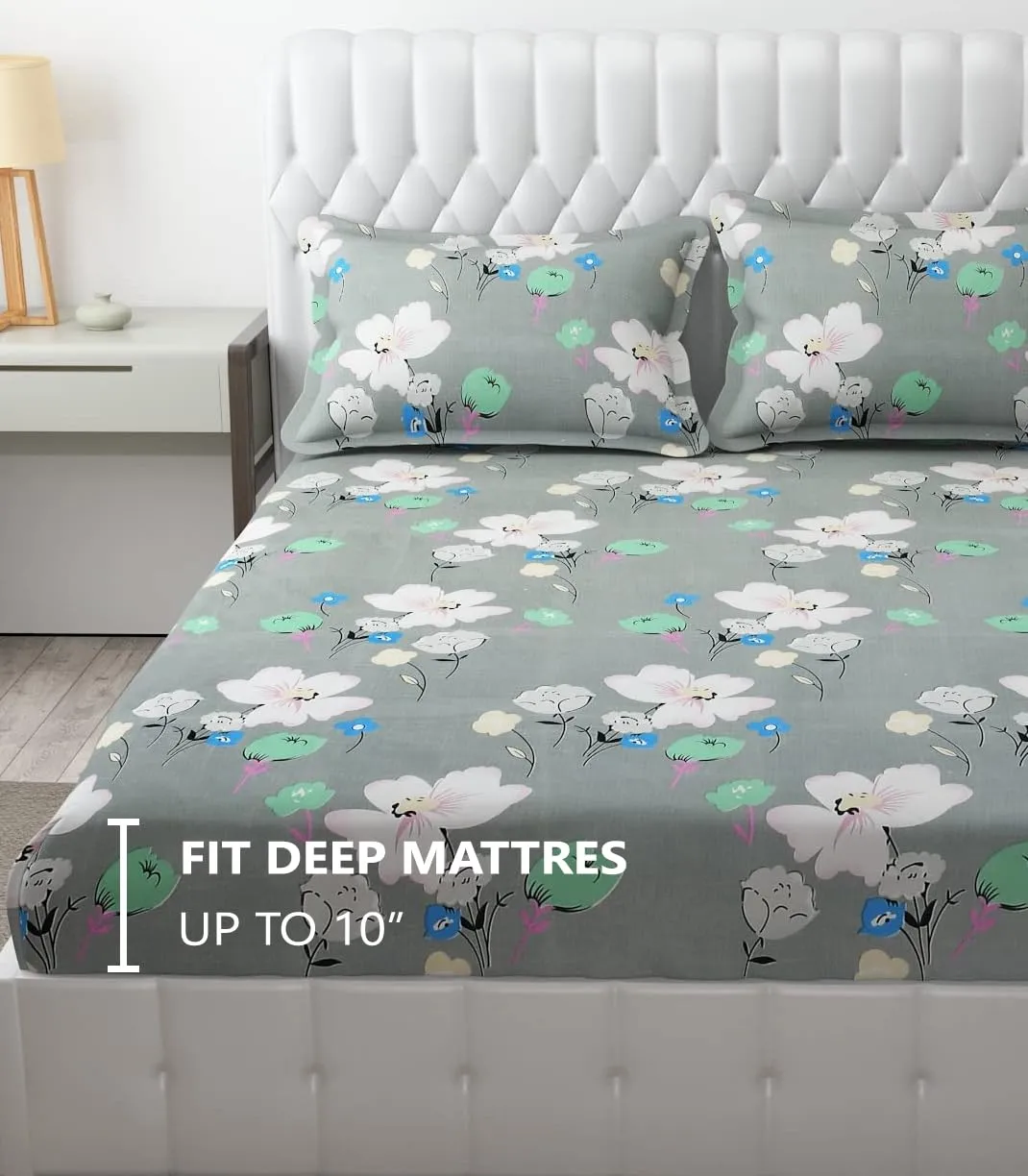 FRESH FROM LOOM King Size Bed with Two Pillow Cover | Soft Glace Cotton Fitted Bedsheet | Elastic Fitted Bed Sheets | Bed Covers for Mattresses Tuck in (Size - 72 x 78 Inches | Leaf Grey)