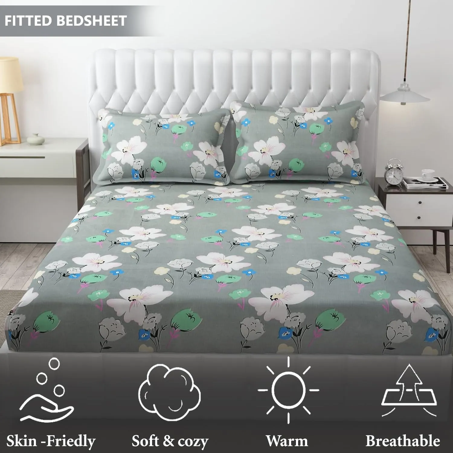 FRESH FROM LOOM King Size Bed with Two Pillow Cover | Soft Glace Cotton Fitted Bedsheet | Elastic Fitted Bed Sheets | Bed Covers for Mattresses Tuck in (Size - 72 x 78 Inches | Leaf Grey)