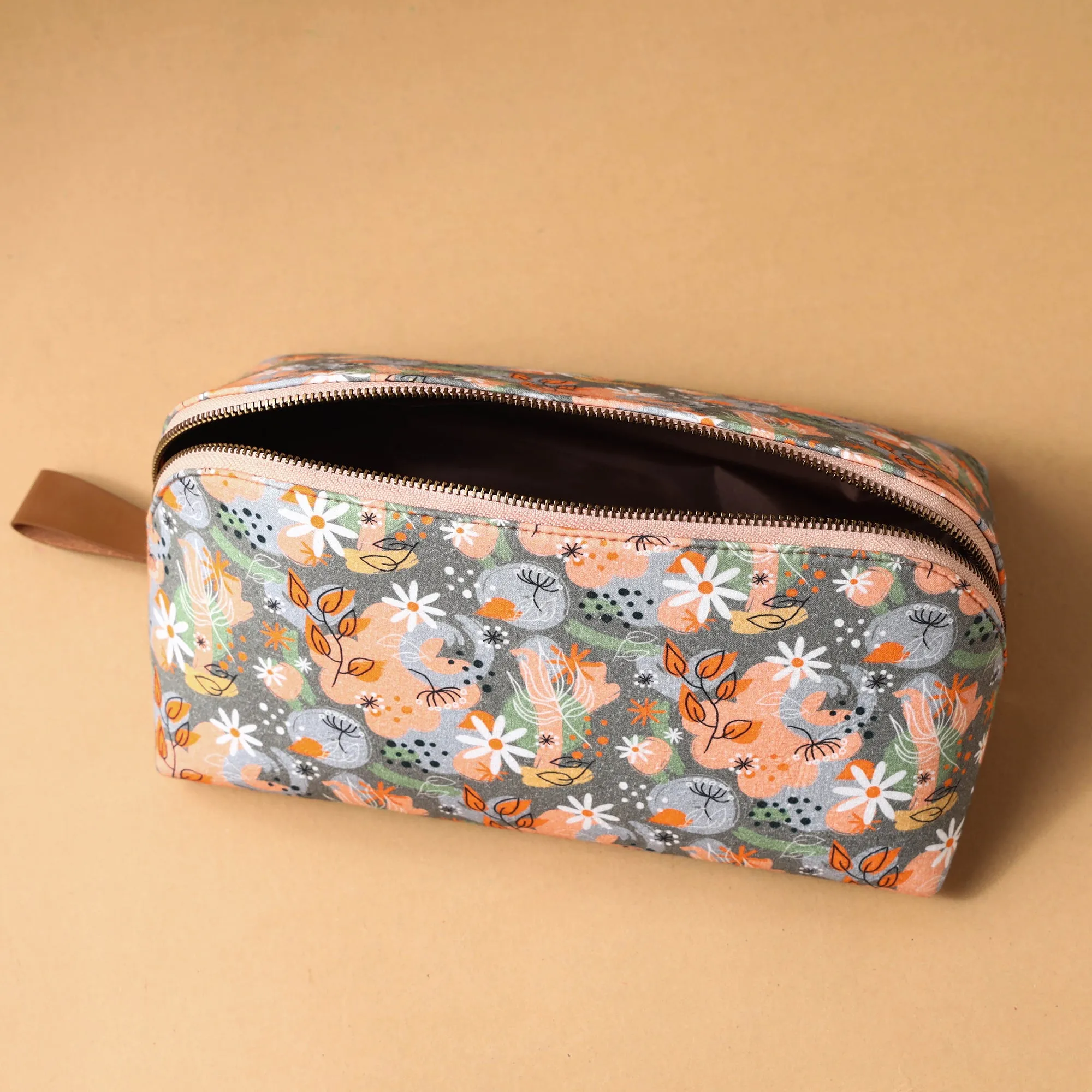 Grey - Floral Printed Handcrafted Multipurpose Toiletry Pouch