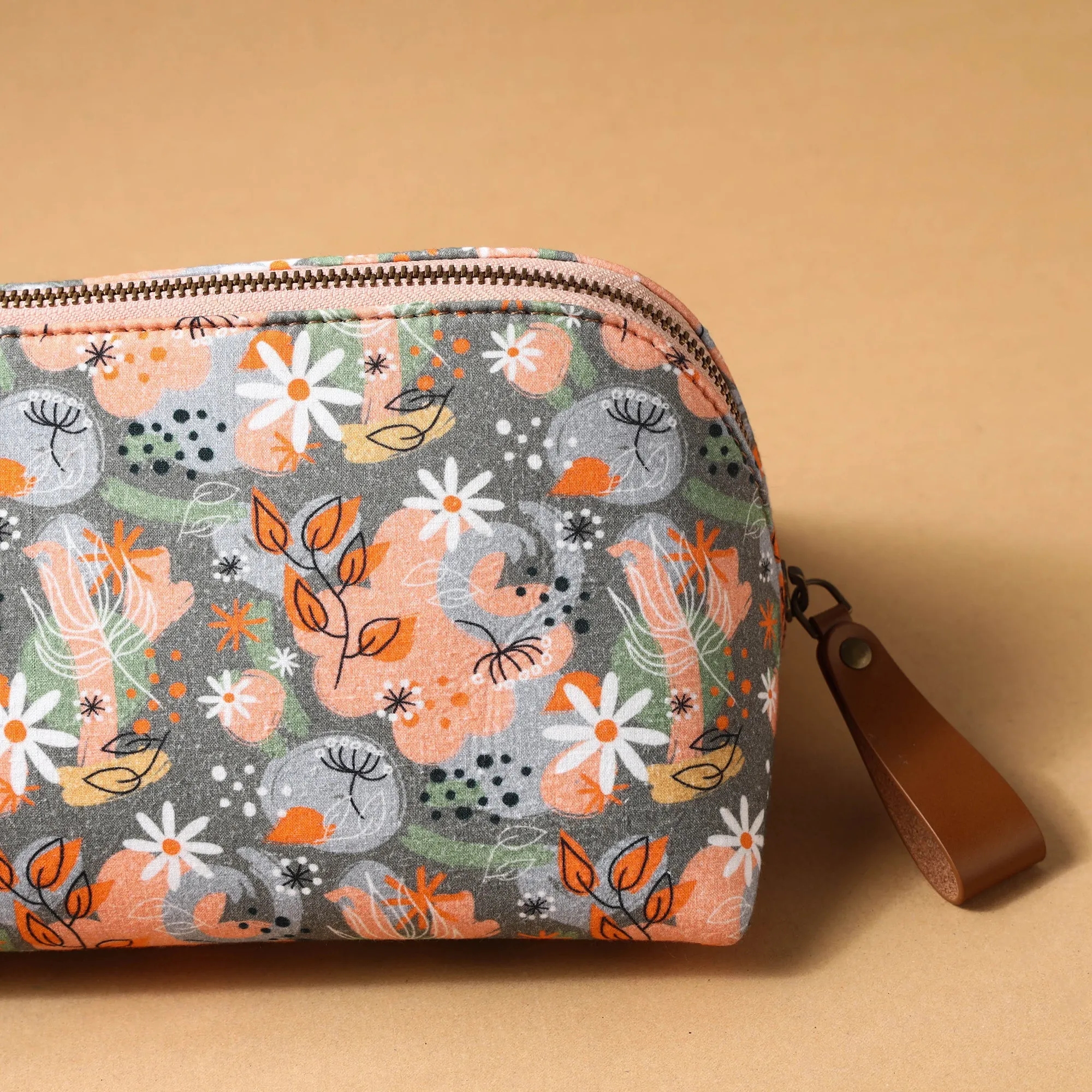 Grey - Floral Printed Handcrafted Multipurpose Toiletry Pouch