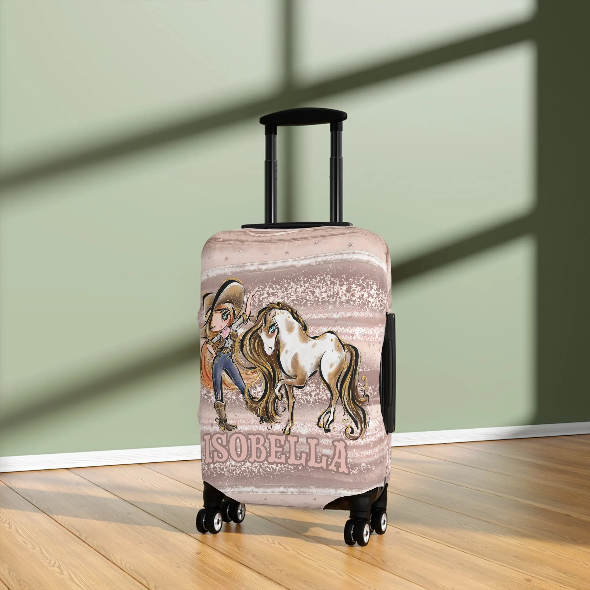 Luggage Cover, Howdy Cowgirl and Horse, Red Hair Blue Eyes