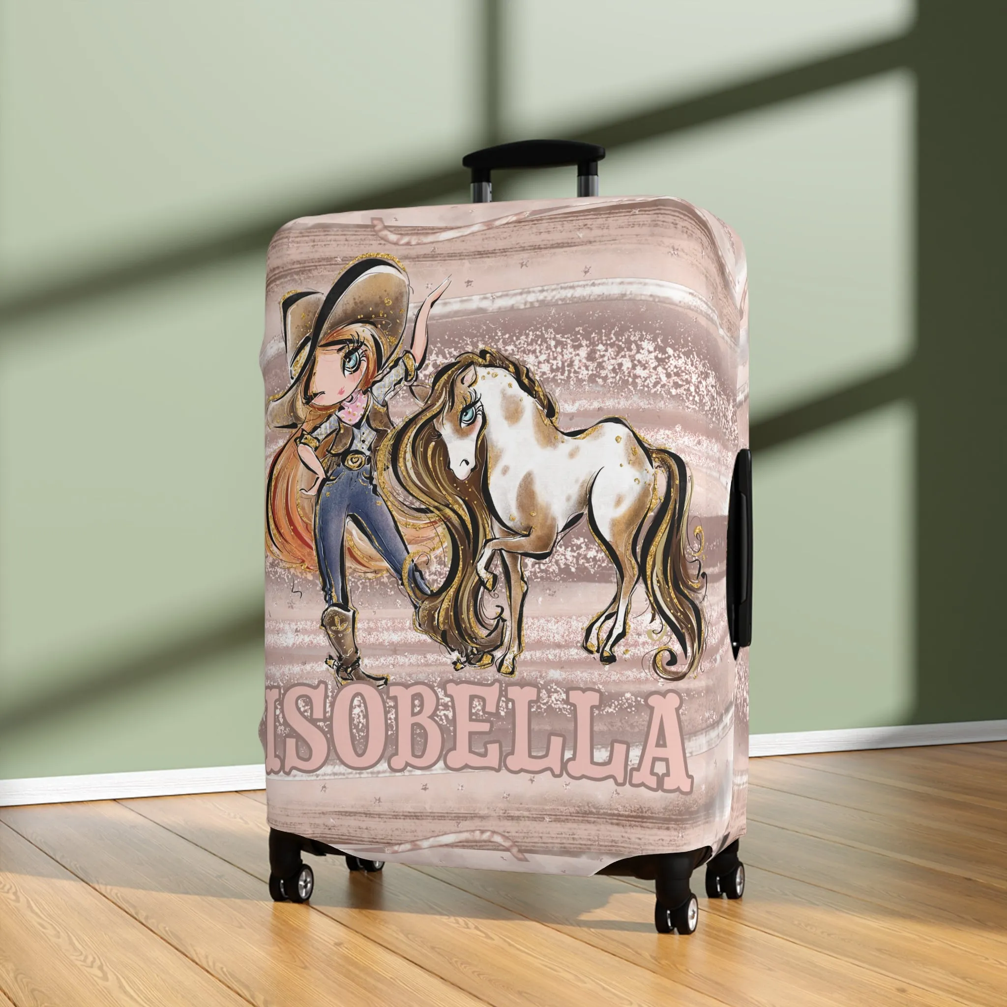 Luggage Cover, Howdy Cowgirl and Horse, Red Hair Blue Eyes