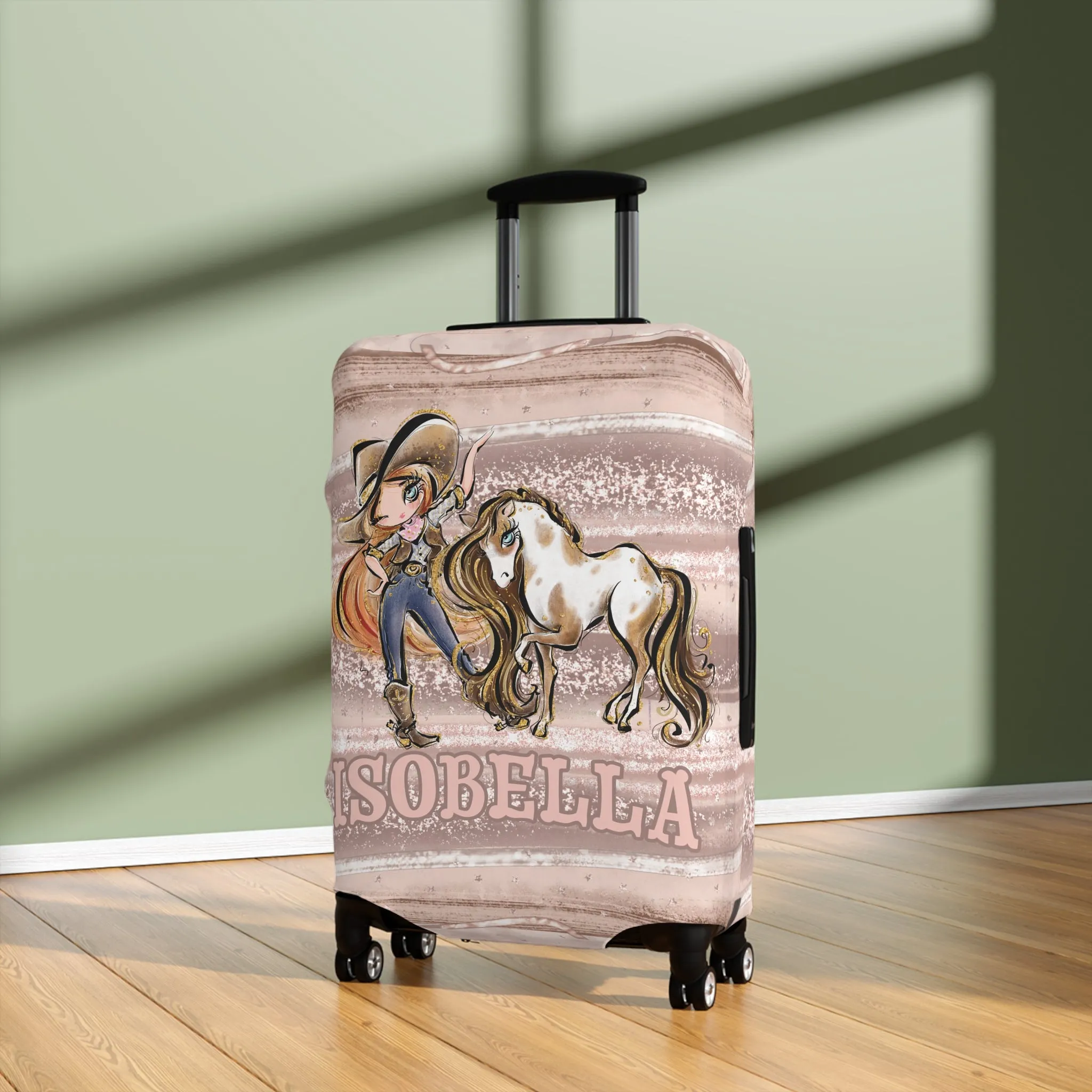 Luggage Cover, Howdy Cowgirl and Horse, Red Hair Blue Eyes