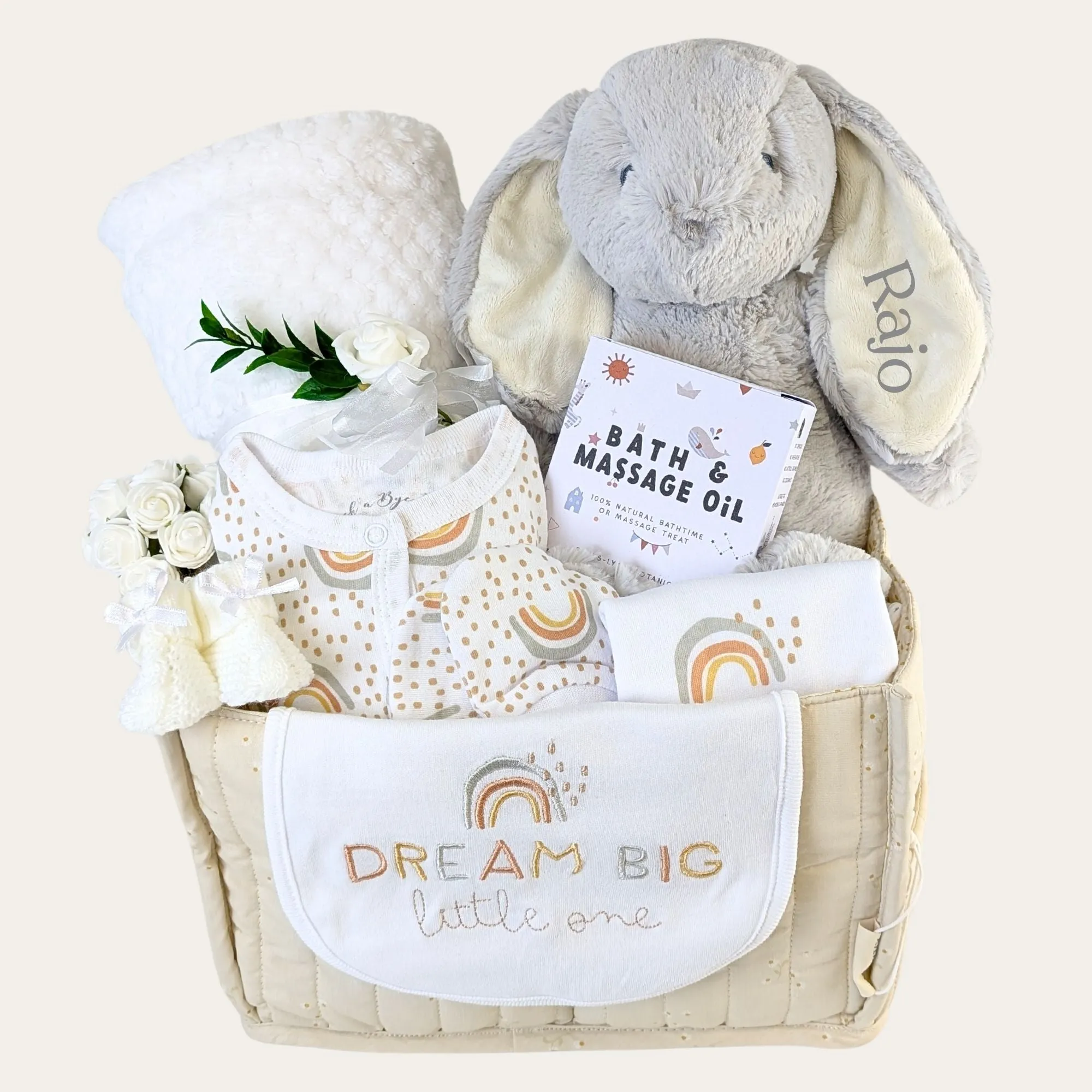 New Baby Natural Bunny Themed Gifts Hamper With Clothing & Blanket