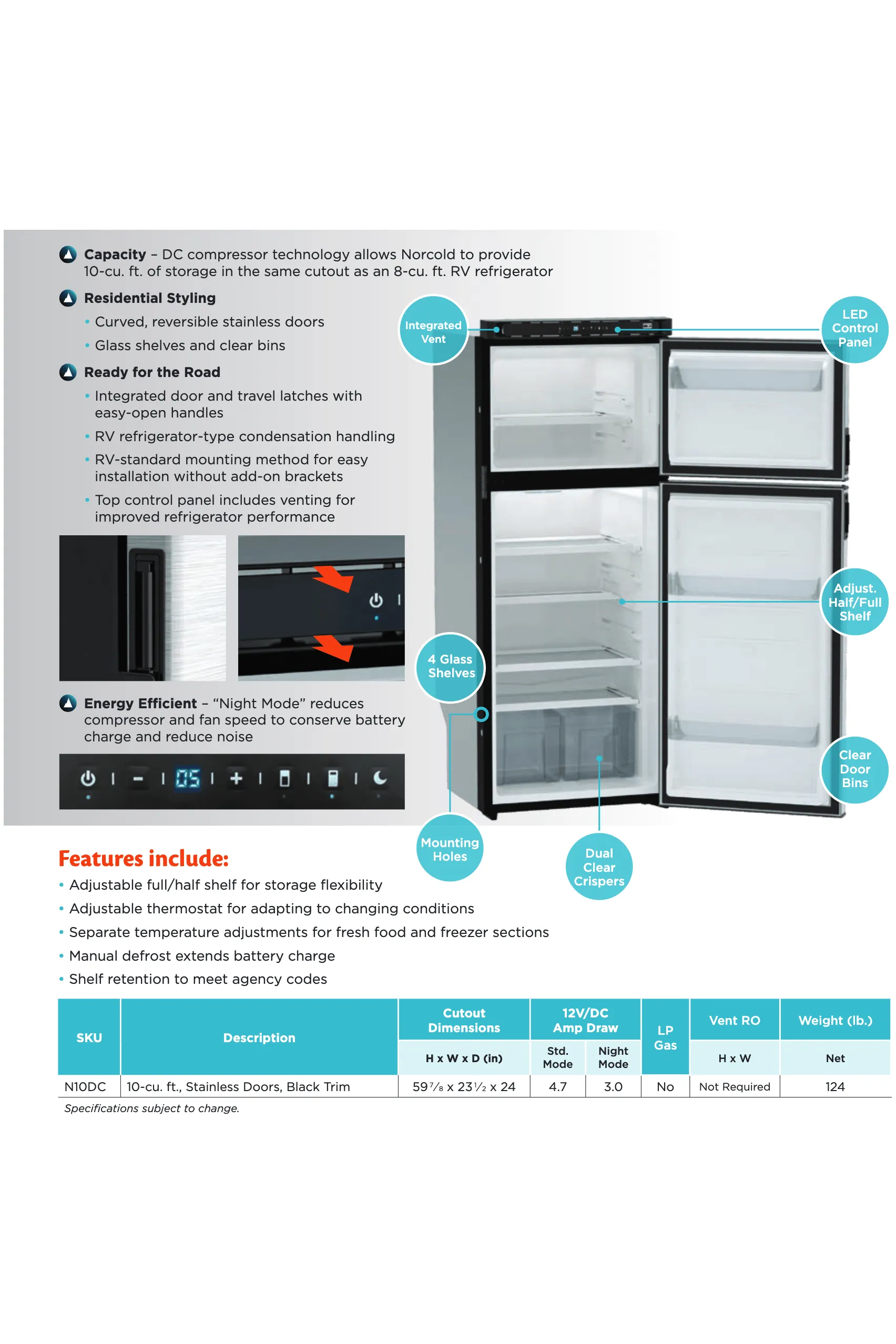 Norcold Polar N10DC 12V DC 10 Cu. Ft. Refrigerator (Left Hand Swing Stainless Steel)