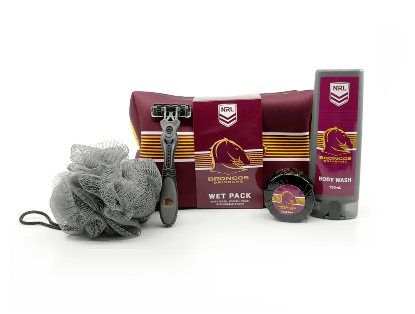 NRL Toiletry Gift Set - Brisbane Broncos - Bag Body Wash Razor Soap Loofah