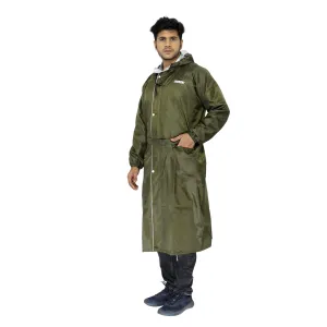 THE CLOWNFISH Polyester Reversible Use Unisex Waterproof Long Coat Raincoat For Men And Women With Adjustable Hood And Reflector At Back For Night Visibility Opener Series (Mehendi-Free Size)