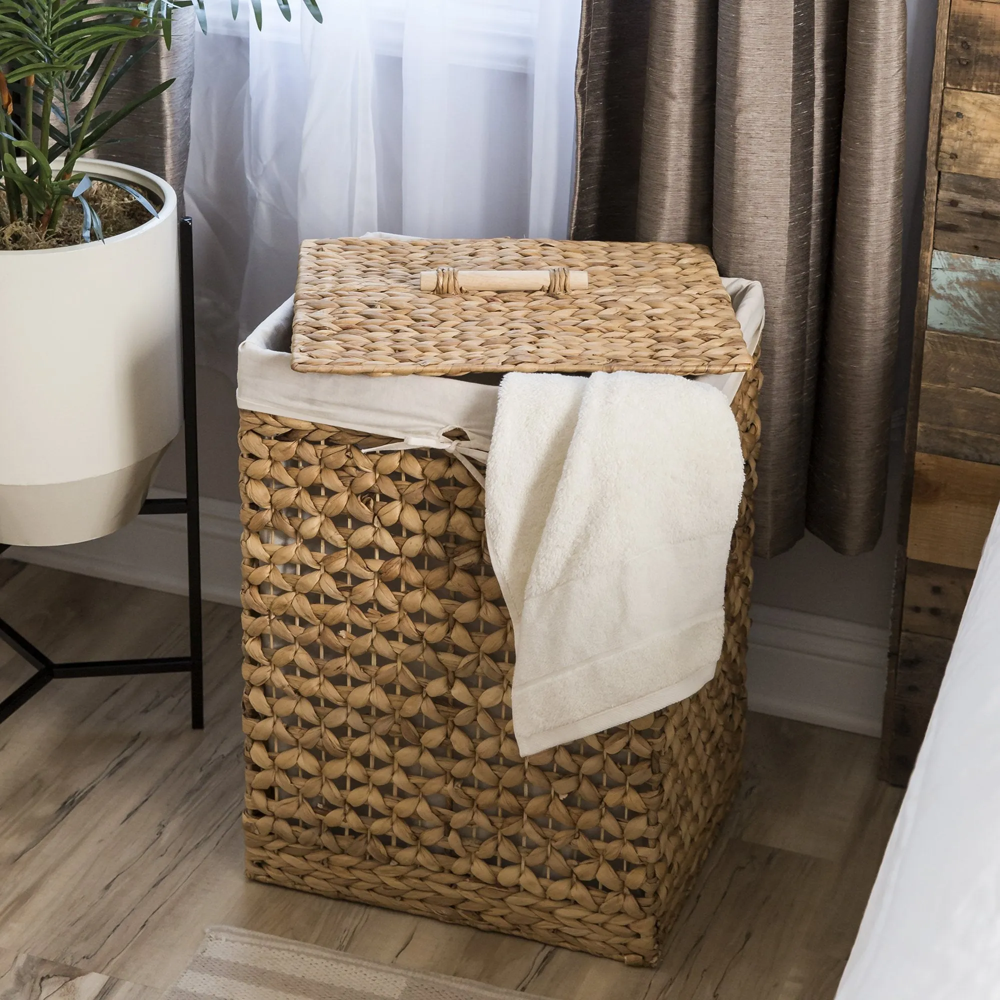 Water Hyacinth Woven Laundry Hamper Basket w/ Removable Liner, Lid